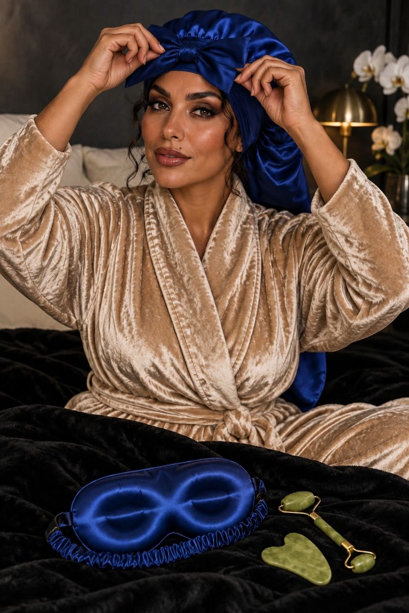 Model wearing the Elviom royal blue satin bonnet