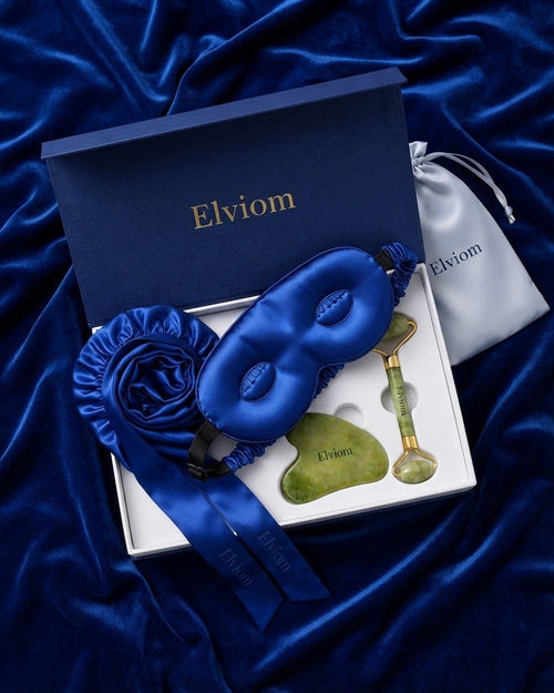 Elviom Silk Night Ritual Set in its gift box on royal blue velvet